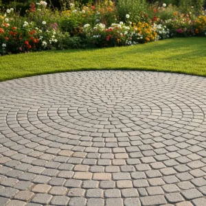 Rensning af fliser i Frederikssund på en cirkelformet stenterrasse.