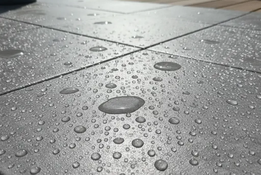 Imprægneret-terrasse-fliser-nordsjaelland Flot vedligeholdt terrasse i Nordsjælland med imprægnerede fliser hvor regnvand preller af.