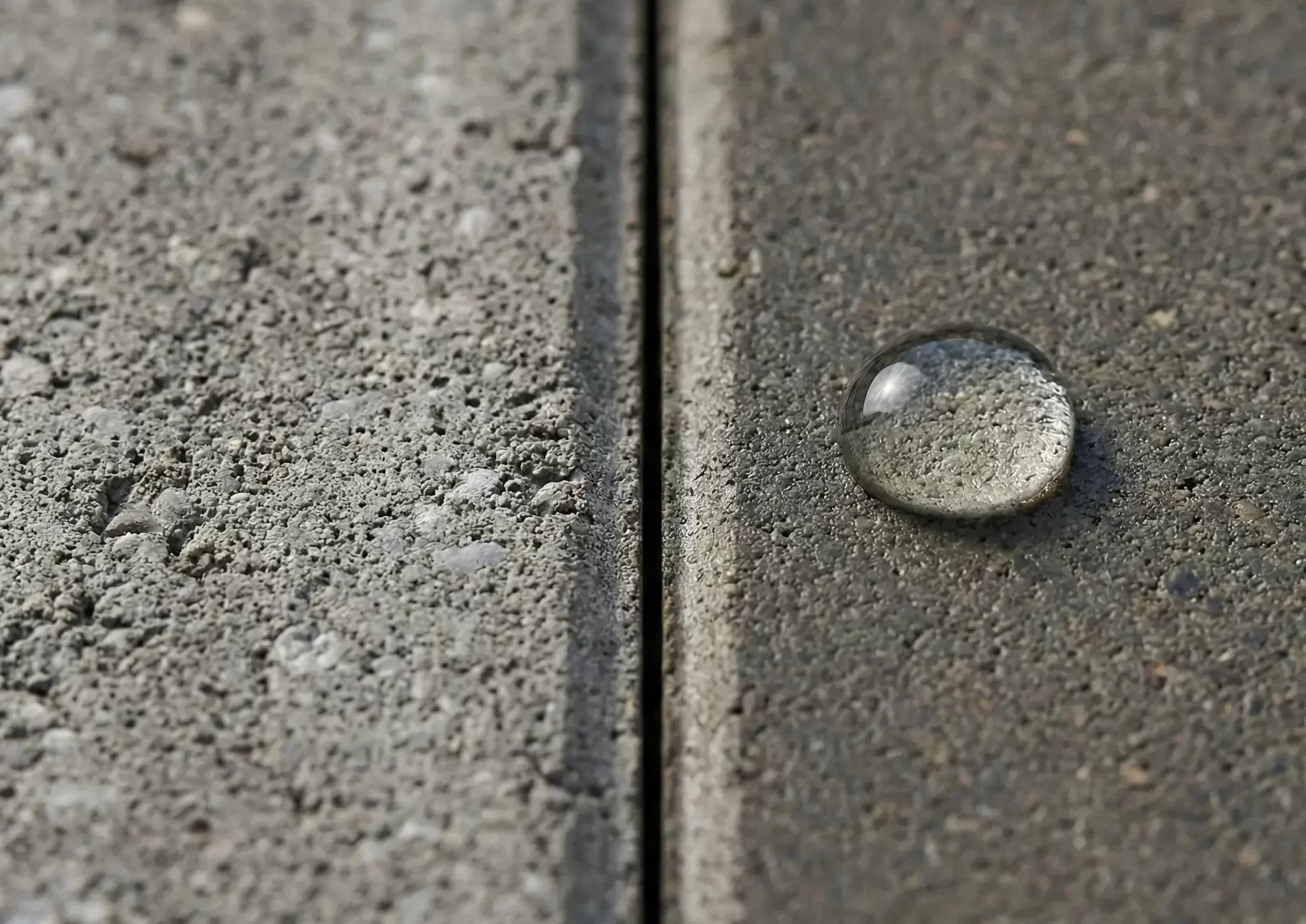 Nano-struktur-betonflise-beskyttelse Makrofoto der viser forskellen på en åben betonflise og en imprægneret overflade med vandafvisende effekt.