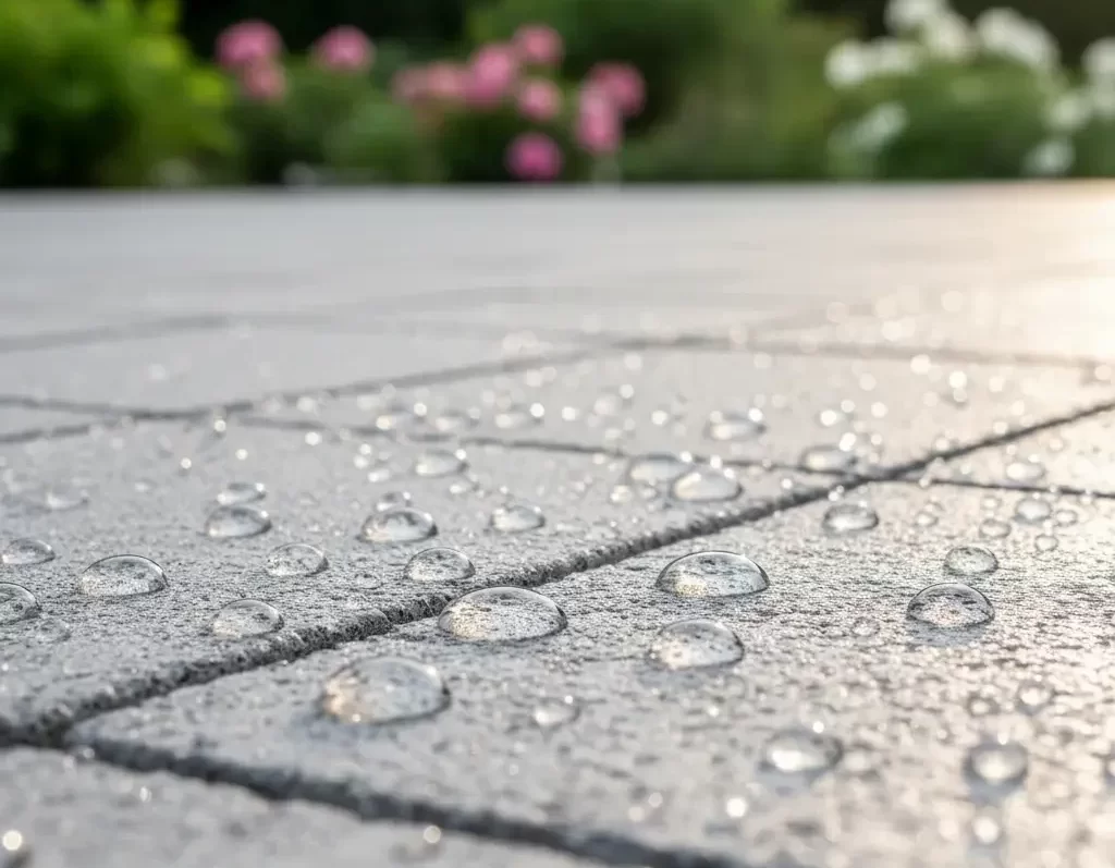 Fliseimprægnering-lotuseffekt-kjbyg Nærbillede af vandperler på imprægneret betonflise der viser lotuseffekt og beskyttelse mod fugt.