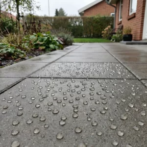 Nærbillede af imprægnerede fliser i Frederikssund hvor regnvand perler af overfladen.